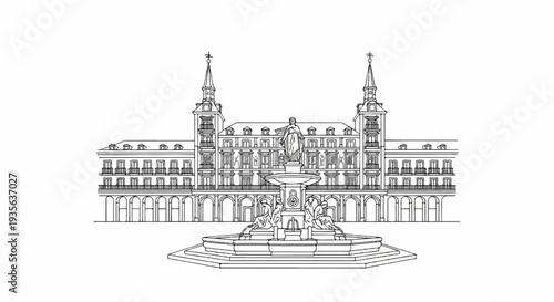 Ornate fountain with statue before a grand building with towers and balconies