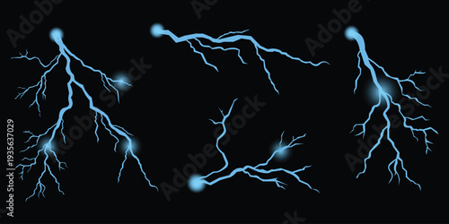 Set of four blue lightning bolts or electrical discharges on vector illustration