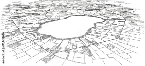 Aerial sketch of a curvilinear lake surrounded by patchwork fields and trees