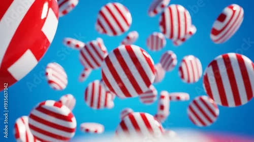 Red and White Striped Balls Floating in Blue Sky.