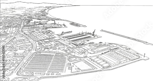 An aerial perspective sketch of a sprawling industrial port with mountains in the distance