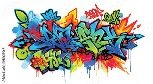 Colorful abstract graffiti mural with vibrant layered lettering and dripping paint.