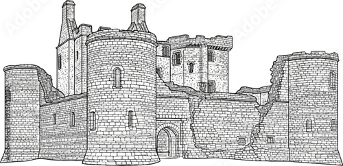 Ancient stone castle with broken ramparts, towers, and archway, sketched