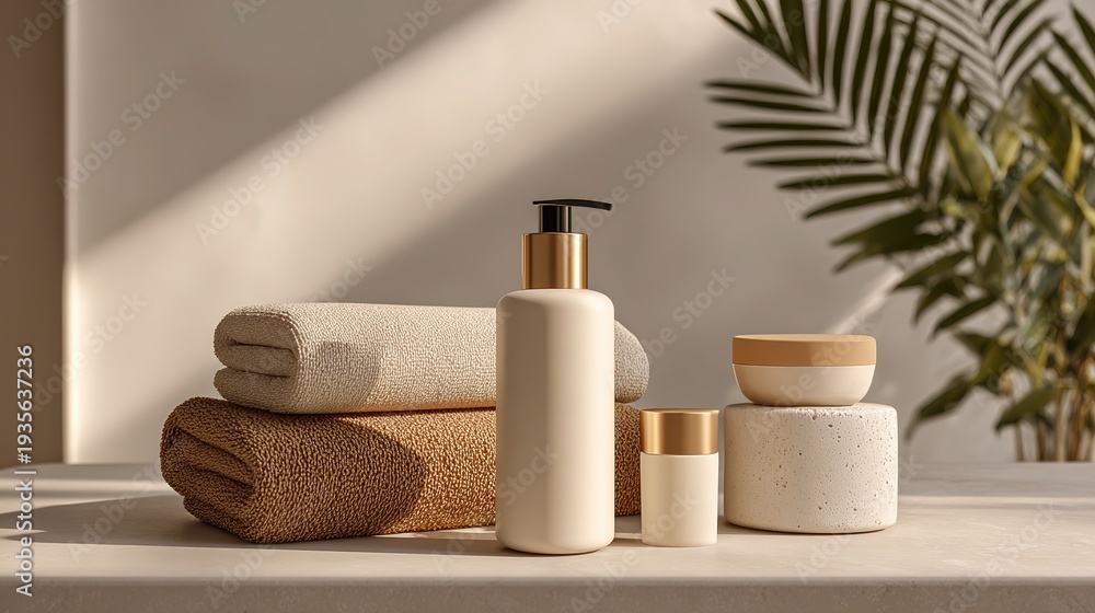 Naklejka premium Elegant skincare spa concept still life, premium beauty products, soft natural light feeling, shallow depth of field f/4.0, clean neutral background, calm healing atmosphere, commercial advertising as
