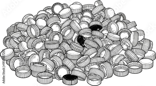 Black and white line art illustration of a large pile of bottle caps