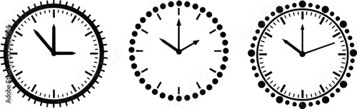 Set of three minimalist black wall clock icons featuring modern line art and circle dial designs for creative time management scheduling and contemporary graphic interface elements