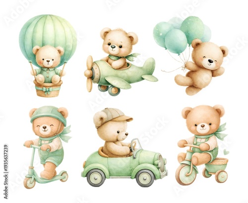 Cute teddy bear watercolor set with green airplane car scooter bicycle and balloons nursery illustration