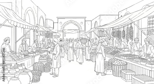 Bustling ancient marketplace with merchants selling produce and goods