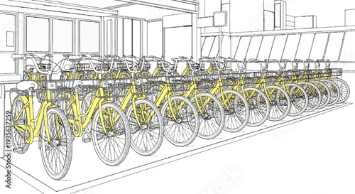 Bright yellow bicycles neatly lined up for public use