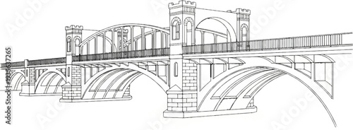 Detailed ink sketch of a grand arched stone bridge with turrets