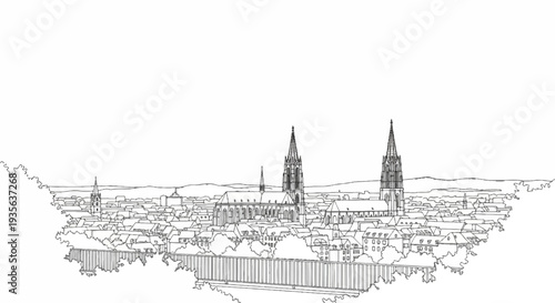 Line art sketch of a European city with prominent spires and tiled roofs