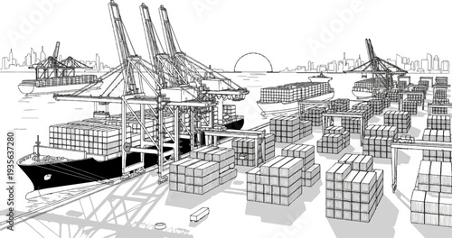Busy shipping port with cargo ships and cranes at sunset