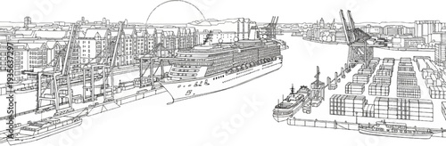Busy harbor with large cruise ship, cargo cranes, and docked vessels