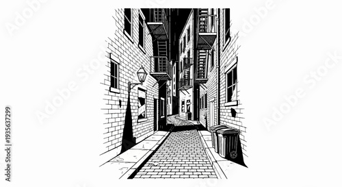 An atmospheric black and white drawing of a narrow cobblestone alleyway