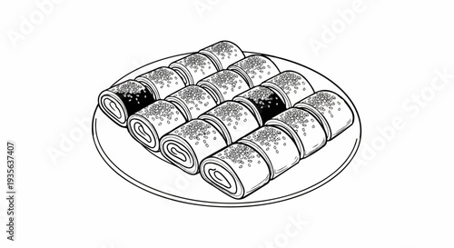 Rolled sweet crepes sprinkled with seeds served on a plate