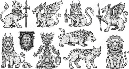 Collection of mythical creatures and beasts in a detailed, grayscale illustration style