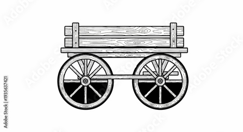 Rustic wooden wagon with spoked wheels, drawn on a white background