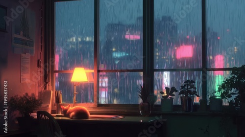 Wallpaper Mural Cat resting near window city view during rain Torontodigital.ca