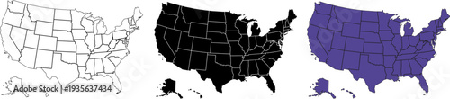 A set of vector maps of USA with prefecture boundaries in three styles