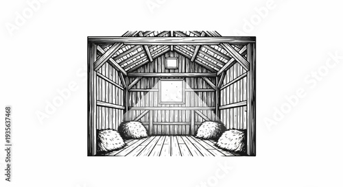 Interior of a rustic wooden barn with hay bales and a light-filled window