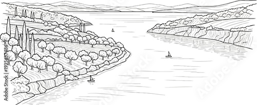 Scenic coastal landscape with sailboats on the water and terraced hillsides