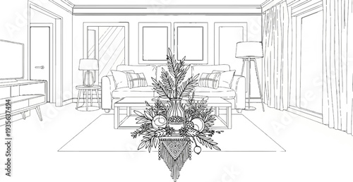 Interior sketch of a living room with modern furniture and decorative centerpiece