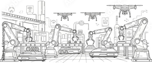 Automated factory with robotic arms, drones, and conveyor belts in a clean line style