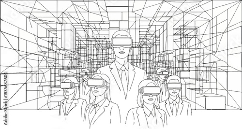 Group wearing VR headsets exploring a digital abstract geometric cube space