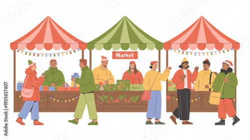 Vibrant outdoor market scene with people shopping and selling fresh produce under colorful tents