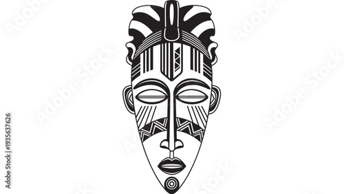 Intricate tribal mask illustration with bold black lines and stylized features.