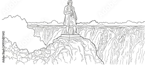 Statue of a man overlooks a grand waterfall vista with rocky terrain and foliage