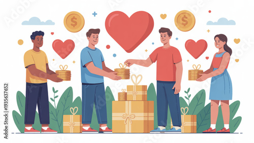 People exchanging gifts with heart and money symbols around them conveying generosity and charity