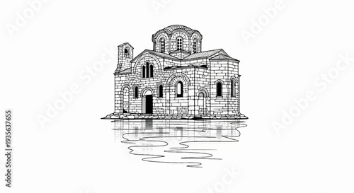 Stone building with domes, bell tower, and water reflection