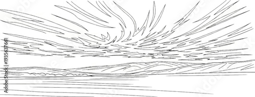 Stylized abstract landscape with rolling hills and dynamic sky