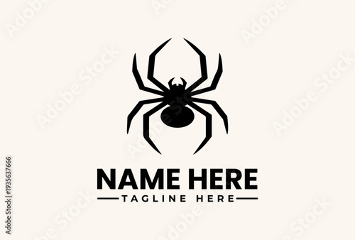 Tableau sur toile A black spider logo with eight legs and a placeholder text 'NAME HERE' and 'TAGLINE HERE' on a beige background, with a simple and modern design style