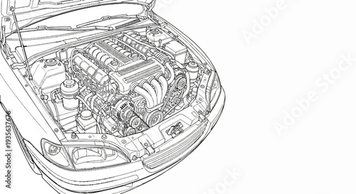 Detailed schematic drawing of a car engine compartment with the hood open
