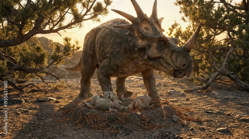 Styracosaurus guarding nest of eggs in prehistoric forest at sunset with pine trees and rocky terrain