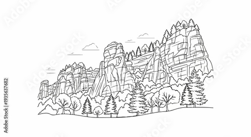 Stylized line art of rocky peaks with trees and clouds in the sky