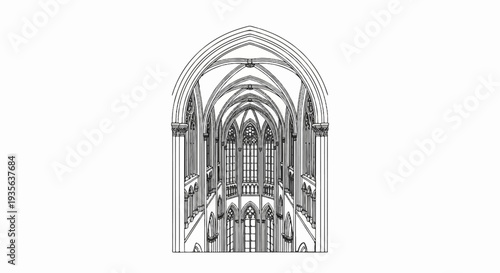 Gothic architecture with pointed arches, ribbed vaults, and tall windows, detailed drawing