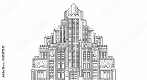 Ornate stepped facade with numerous windows and geometric embellishments