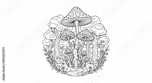 Whimsical forest scene with oversized spotted mushrooms, trees, and foliage