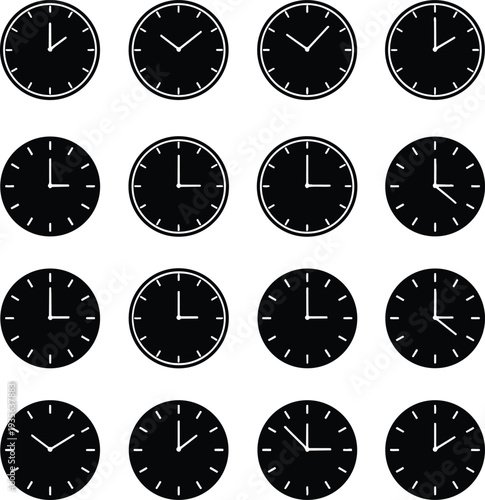 Collection of black and white analog clock icons showing various times and world time zones for schedule management business planning and deadline tracking minimalist vector illustration