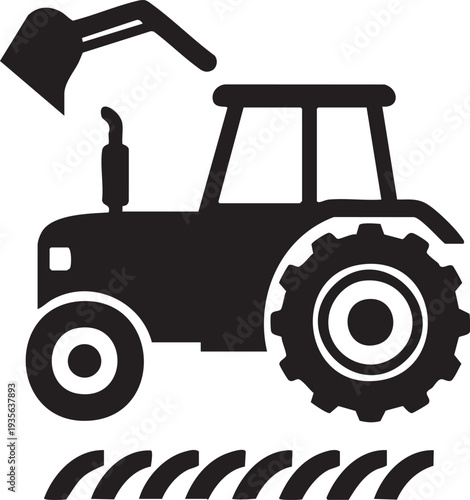 Tractor with Front Loader Silhouette - Farm Machinery Bucket Loader and Tillage Tines Vector Icon Isolated on White