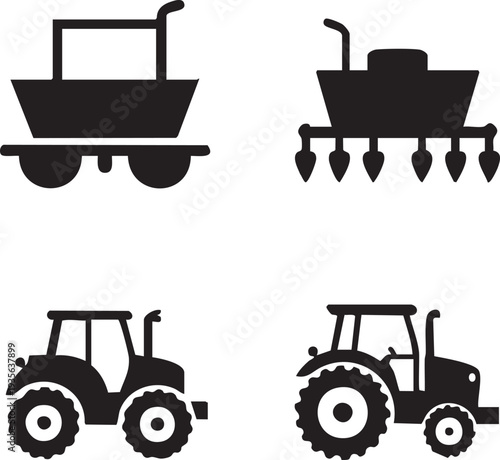 Farm Machinery Silhouettes Set - Tractor Trailer Planter Tillage Icons Vector Isolated on White