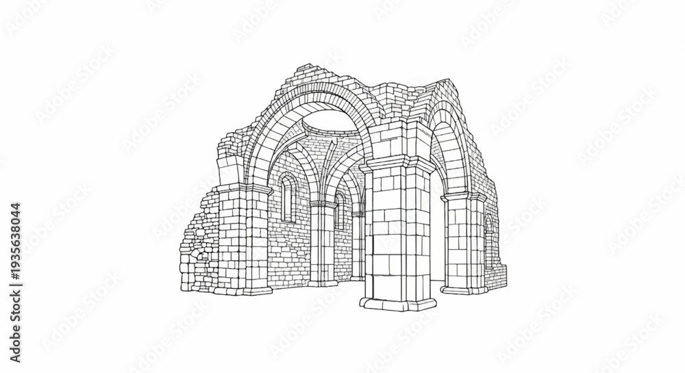 Fototapeta premium Sketch of ancient stone ruins with arched doorways and vaulted ceilings