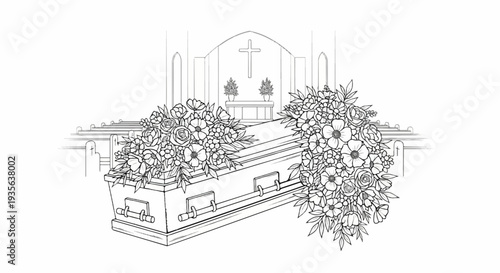 Sketch of a coffin adorned with flowers inside a church setting