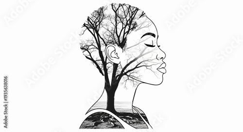 Silhouette of a woman's profile filled with a bare tree and roots