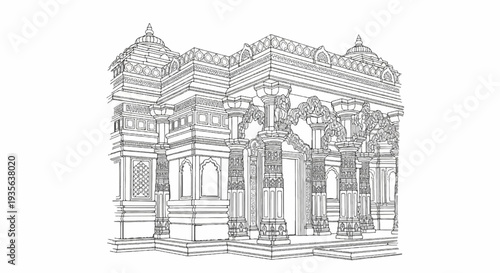 Intricate line drawing of ornate architectural facade with arches, columns, and domes