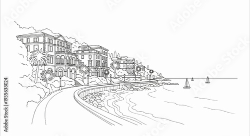 Coastal town with elegant buildings lining a winding road and sailboats on the sea