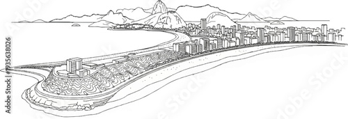 City skyline and mountains meet a curving beach and oceanfront structures